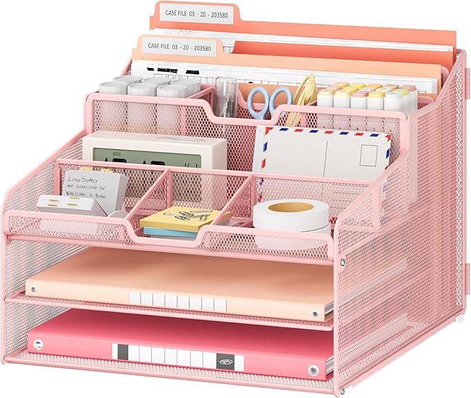 Lavatino Desk Paper File Organizer - Metal Mesh with 2 Letter Trays, 7 Flexible Dividers, 2 Vertical File Folder Holders for Office/Home/Classroom Supplies, Desk Organizers and Accessories, Pink