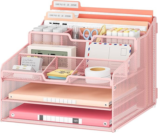 Lavatino Desk Paper File Organizer - Metal Mesh with 2 Letter Trays, 7 Flexible Dividers, 2 Vertical File Folder Holders for Office/Home/Classroom Supplies, Desk Organizers and Accessories, Pink