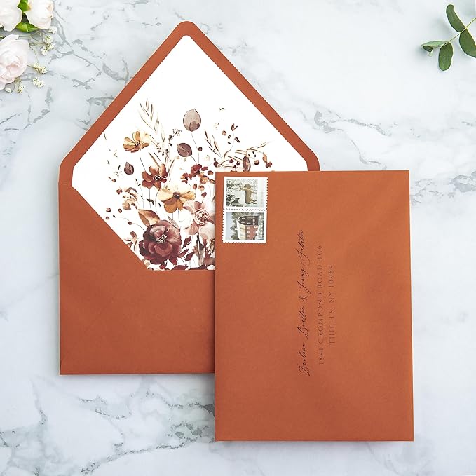 PONATIA 50PCS A7 Euro Flap Envelopes, 5.25 x 7.25'' Burnt Orange Flowers Liner Envelopes for 5x7 Wedding Invitations, Photos, Postcards, Greeting Cards, Christmas Gift Cards, Acrylic Mailing