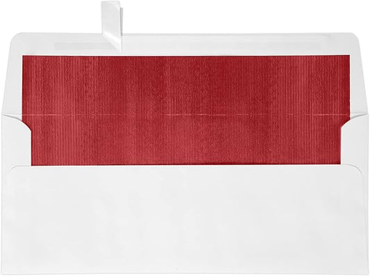 LUXPaper #10 Foil Lined Business Envelopes | Peel & Press | 4 1/8" x 9 1/2" | White w/Red LUX Lining | 60lb. Text | 50 Qty