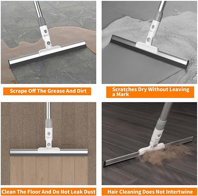 Floor Squeegee with 13.8" Silicone Blade and 52" Aluminum Handle, Water Squeegee Broom for Bathroom, Shower, Tile, Garage, Deck and Window Cleaning – LJGG (Gray/White)