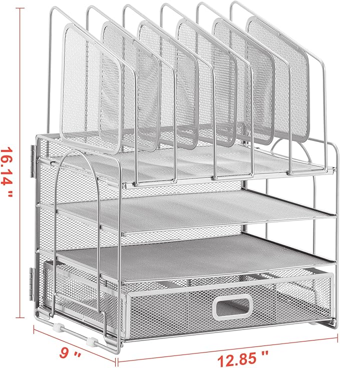 Marbrasse Desk Organizers, 4-Tier Mesh Desk File Organizer with 5 Vertical File Holders and 2 Pen Holders, Multifunction Desktop Organizer,Desk Organizers and Accessories for Home Office (Silver)