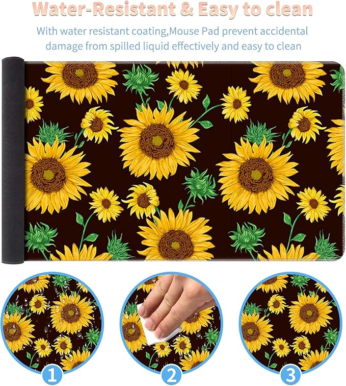 Large Gaming Mouse Pad with Stitched Edges, Desk Pad Protector, Computer Keyboard Mouse Mat Non-Slip Cute Desk Decor for Home/Office/Study Accessories+ Coaster, Sunflower Yellow