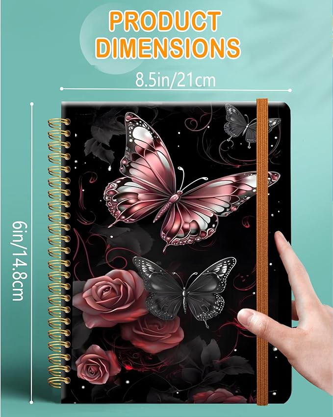 Ruled Spiral Writing Notebook,A5 Hardcover Lined College Journal for Women Lady Girl,Strong Twin-Wire Binding with Premium Paper,8.4" X 6",Perfect for School,Office,Home Gifts(rose gold butterfly)