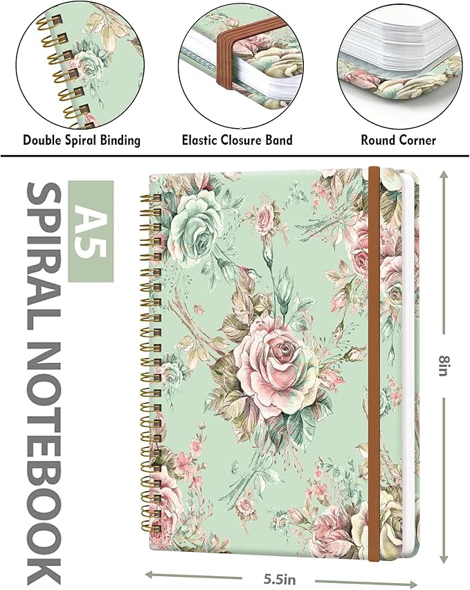 Spiral Journal Notebook for Women, Hardcover A5 College Ruled Notebook, 120 Pages, Thick Paper, Cute Lined Journal for School, Office & Work, 6 x 8.4 in(Vintage Flower)