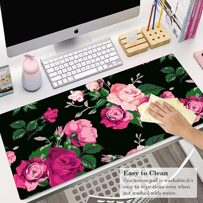 Pink Rose Desk Pad Protector, Stitched Edges Flower Mouse Pad, Large Office Mat, Non-Slip Blotter, Laptop Pad, Floral Writing Pad for Office and Home (31.5" x 15.7")