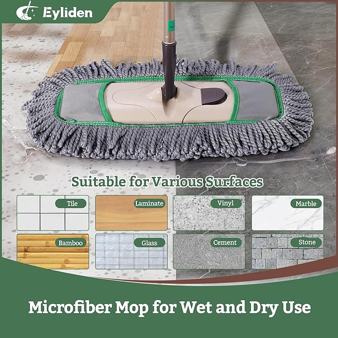 Eyliden Pro Dust Mops for Floor Cleaning - Total 3 Washable Microfiber Pads, One-Click Replacement, Telescopic Handle, Professional Design for Floors & Pet Hair (Grey+Green)