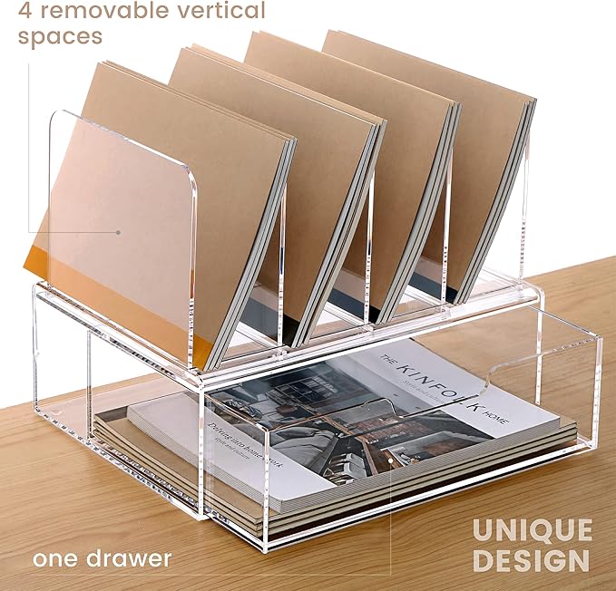 DINGHUO Acrylic Desk Organizers and Accessories, Clear Paper File Folder Organizer Letter Tray Sliding Drawer with 4 Upright Sections File Holder, Office Supplies Workspace Organizers - 1 Pack