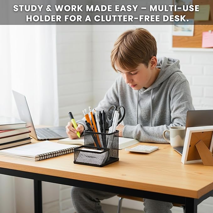 Pen and Business Card Holder for Desk | Black Mesh Desk Organizer Pencil Holder | Minimalist Desk Pencil Holder & Black Wire Desk Organizer for Tabletop | Table Top Stationary Organizer