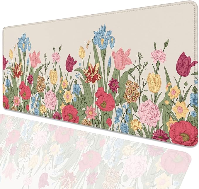 Spring Flowers Desk Pad Mouse Pad,Large Gaming Colorful Floral Mouse Mat with Stitched Edges,Non-Slip Waterproof Rubber Base Mousepad for Office Work Home Desk Mat(27.5X11.8 in)