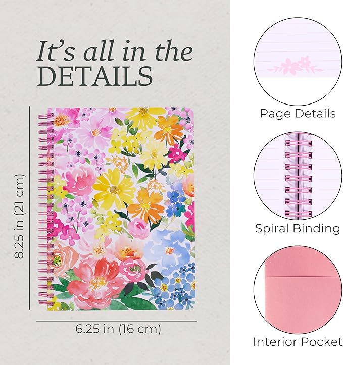 Steel Mill & Co Cute Floral Mini Spiral Notebook, 8.25" x 6.25" Journal with Durable Hardcover and 160 Lined Pages, Summer Garden