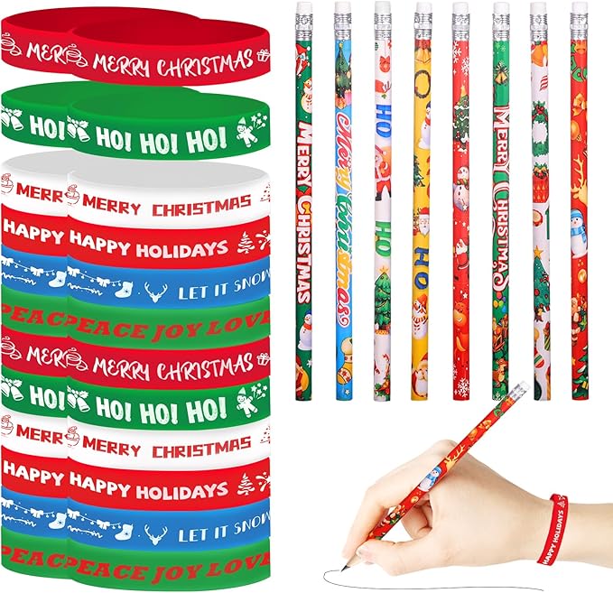 48 Pcs Christmas Pencils Set 24 Christmas Pencil with Eraser 24 Christmas Silicone Bracelets Xmas Wooden Pencils Christmas Wristband Rubber Bracelets Christmas Stocking Stuffers