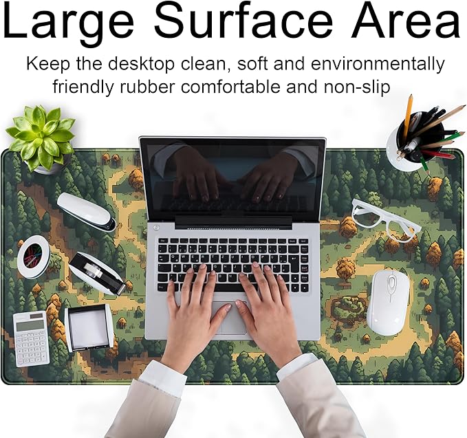 Cute Desk Pad Brown Green Forest Pixel Desk Mat Plant Mouse Pad XXL Large Gaming Desk Matt for Desktop, Laptop Computer Mousepad Keyboard Mouse Mat for Women Office Decor Accessories 31.5''x15.7''