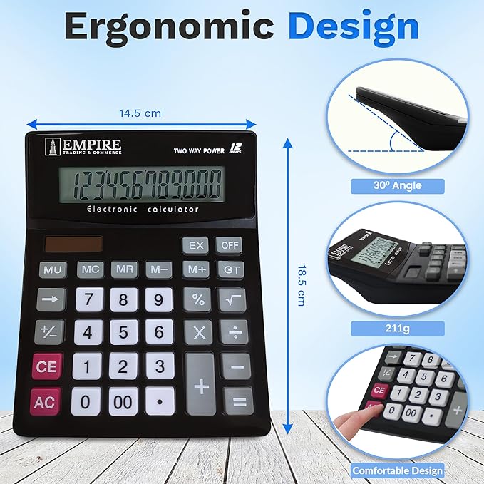 Empire Desk Calculator with Large Key Buttons, 12-Digit Large Eye-Angled Display, Solar & Battery Powered - Basic Calculator for Students, Home and Office Use (Battery Included)