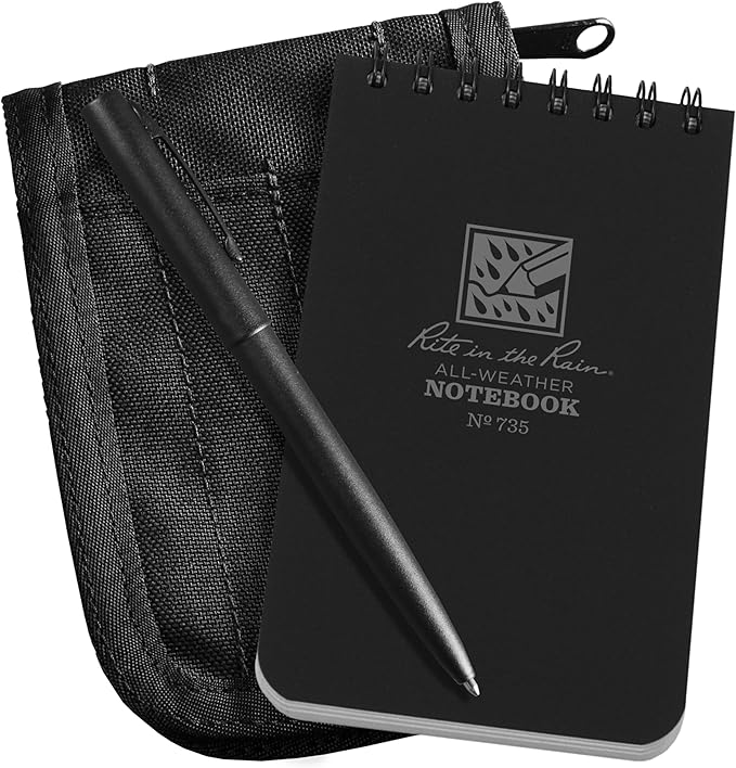 Rite in the Rain Weatherproof 3" x 5" Top Spiral Notebook Kit: Black CORDURA Fabric Cover, 3" x 5" Black Notebook, and Weatherproof Pen (No. 735B-KITL)