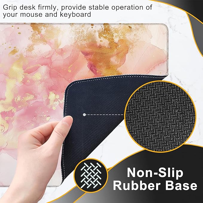 Gaming Mouse Pad, Rose and Gold Liquid Marble Large Desk Mat for Keyboard and Mouse,Non-Slip Rubber Base and Stitched Edges Desk Pad for Home Office 35.4x15.7in