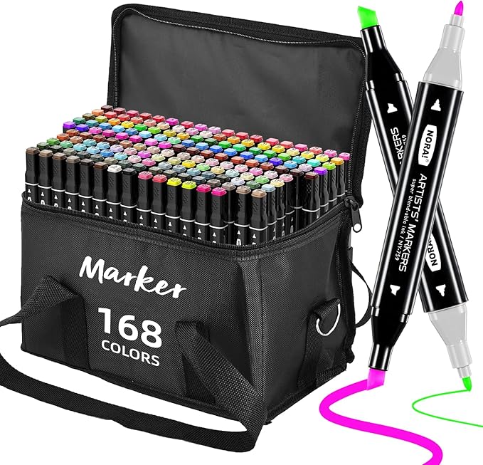 168 Colors Alcohol Markers, Permanent Dual Tip Art Markers with Brush Tip & Chisel Tips for Coloring, Illustrations, Drawing, Sketching Perfect for Adults and Kids with Carrying Case