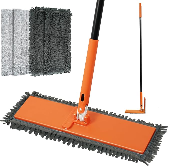 JEHONN Dust Mop for Hardwood Floors, Broom Duster with Unique 90° Foldable Panel, 2 Chenille and 2 Microfiber Pads, Dry Wet Flat Dustmop for Cleaning Vinyl, Laminate, Tile, Marble (Orange)