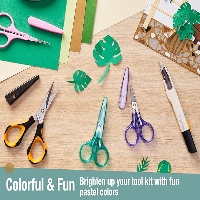 Beaditive Detail Craft Scissors Set (2 Pc.) Curved and Straight, Sharp, Compact | Sewing, Embroidery, Paper Cutting, Crafting | Stainless Steel | Protective Cover (Green)