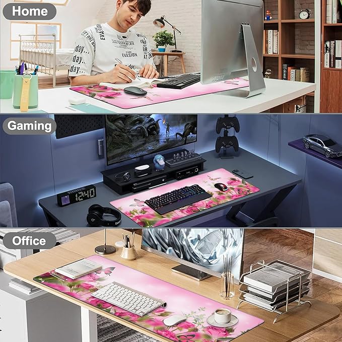 Mouse Pad, Large Pink Roses with Butterflies Desk Mat, Extended Non-Slip Gaming Keyboard Mousepad Desk Pad, Thick Stitched Edges Waterproof Mouse Mat 31.5"x15.7" (Beautiful Spring Floral)