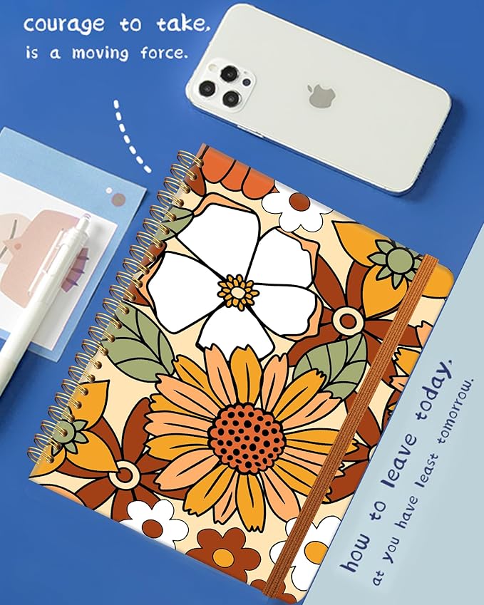 Ruled Spiral Writing Notebook,A5 Hardcover Lined College Journal for Women,Strong Twin-Wire Binding with Premium Paper,8.4" X 6",Perfect for School,Office,Home(White Orange Daisy)