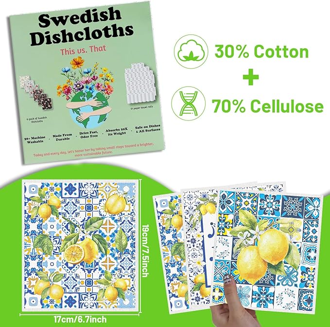 Blue Tiles Lemons Swedish Dishcloths, 6 Pack Reusable Swedish Dish Cloths for Kitchen, Washable Absorbent Dish Towel Rag Set Cellulose Sponge Cloths Housewarming Gifts