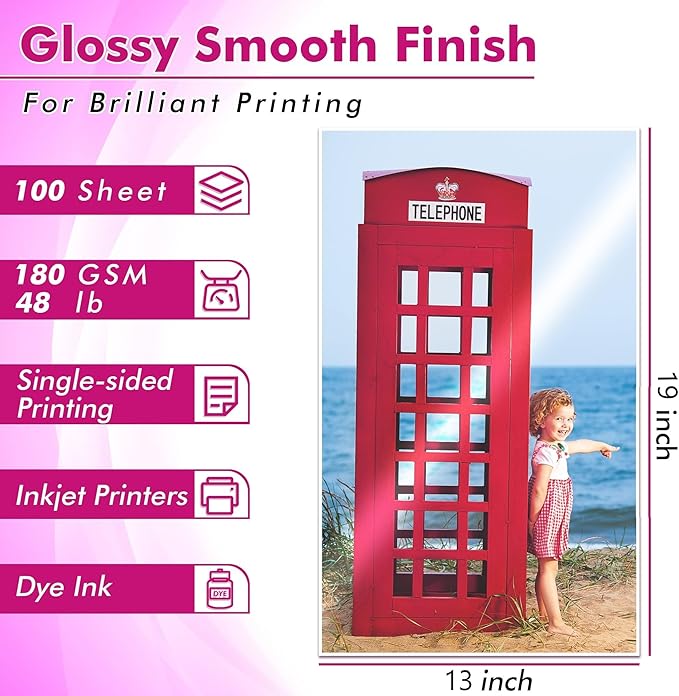 Koala Glossy Inkjet Photo Paper 13X19 Inches 48lb 100 Sheets Professional Glossy Photographic Paper Compatible with Inkjet Printer Use DYE INK 180GSM