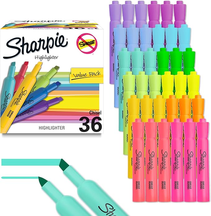 Sharpie Tank Highlighters, Chisel Tip, 12 Assorted Fashion Colors, Chisel Tip, Value Pack, 36 Count