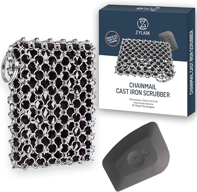 Zylark 316L Cast Iron Scrubber + Scraper Tool - Pan Cleaner Scrubber with Silicone Insert - Cast Iron Cleaning Kit - Chainmail Scrubber for Cookware