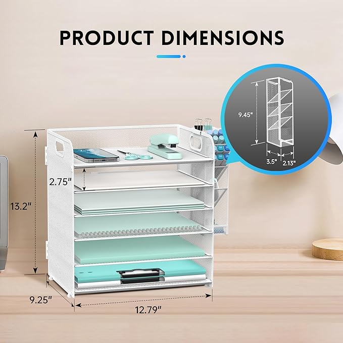 SUPEASY 6 Tier Paper Organizer with 4 Pen Holders, Mesh Letter Tray with Handle, Paper Tray Organizer for A4 Files, White