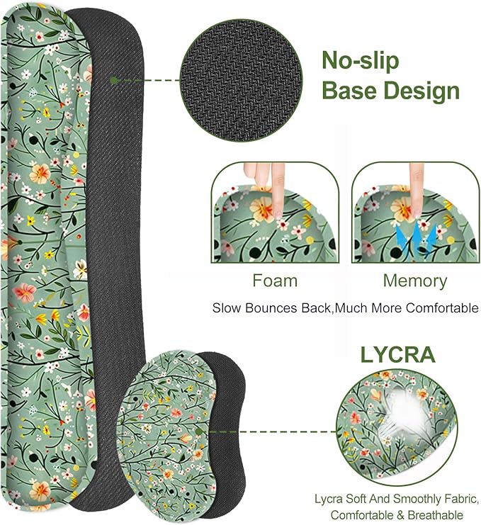 Floral Desk Mat, 4in1 Large Mouse Pad with Wrist Rest, Anti-Slip Desk Pad for Desktop, XXL Ergonomic Mousepad with Wrist Support for Keyboard and Mouse, Green Art Flowers