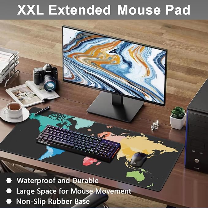 Mouse Pad, Large Colorful World Political Map Desk Mat, Extended Non-Slip Gaming Keyboard Mousepad Desk Pad, Thick Stitched Edges Waterproof Mouse Mat 31.5"x15.7" (World Map)