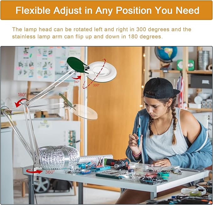 10X Magnifying Glass with Light and Stand,LED Dimmable Lighted Desk Lamp with Clamp,Magnifier Hands Free-Adjustable Stainless Steel Bracket,for Crafts Hobbies Reading Painting Sewing Close Work