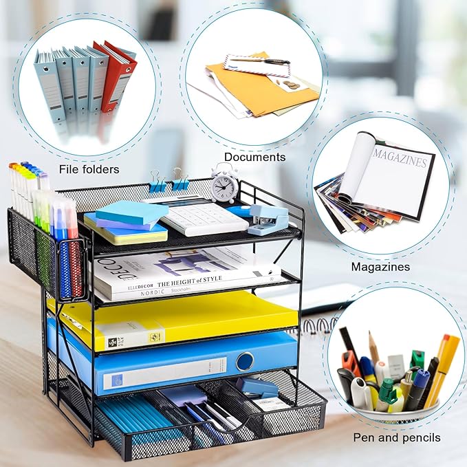Desk Organizer with Mesh File Holder, Paper Letter Tray with 5 Tier Racks Shelves, 1 Sliding Drawer and Extra Pen Holder for Office Supplies (KPD Black)