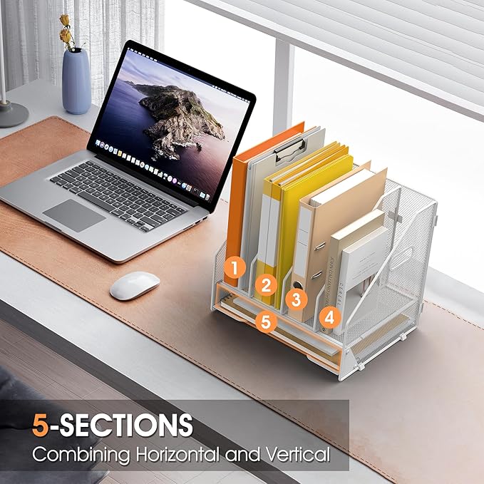 Desk File Folder Holder Organizer-4 Vertical Compartments Racks and Paper Letter Tray,Mesh Magazine File Holder Sorter,Desktop Accessories & Workspace Organizers for Home,Office,School-White