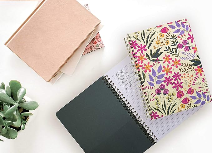 Steel Mill & Co Cute Pink/Purple Floral Mini Spiral Notebook, 8.25" x 6.25" Journal with Durable Hardcover and 160 Lined Pages, Wildflowers