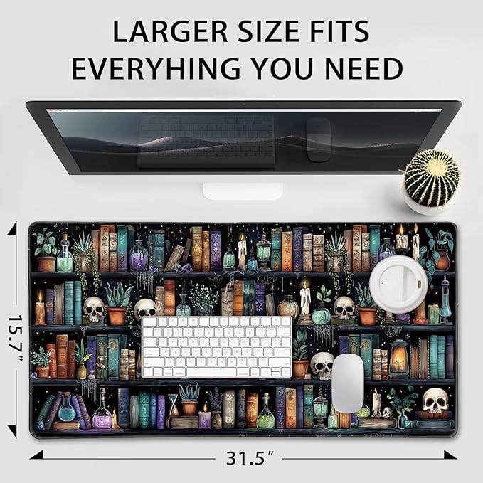 Gothic Library Large Gaming Mouse Pad 31.5"x15.7"｜Vintage Bookshelf XXL Desk Mat, Non-Slip Rubber Base & Stitched Edges - Extended Waterproof Mousepad for PC/Laptop/Office/Home Decor
