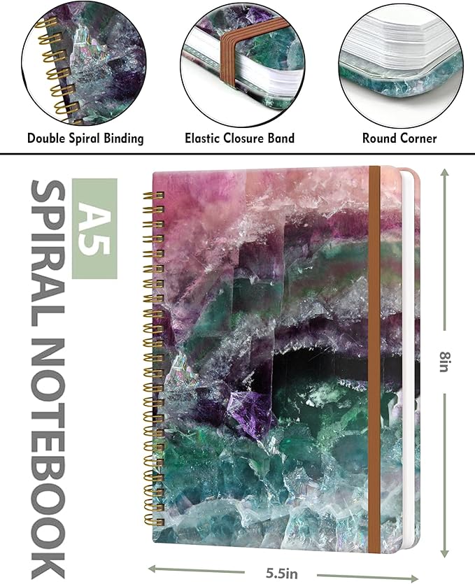 Spiral Journal Notebook for Women, Hardcover A5 College Ruled Notebook, 120 Pages, Thick Paper, Cute Lined Journal for School, Office & Work, 6 x 8.4 in(Color Pink Fluorite Marble)