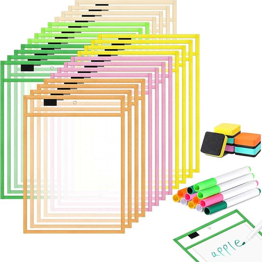 24 Pack Dry Erase Pocket Reusable Sleeves 10" x 14" Clear Plastic Sheet Protectors with Dry Erase Markers and Mini Sleeves Paper Teacher Supplies(Modern Boho)