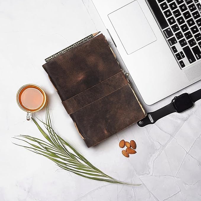 HLC Leather Journal, 200 Pages of Antique Deckle Edges Handmade Paper Vintage Journals for Men & Women, Vintage Lock Closure Rustic Brown Leather Gifts with Pen Holder (10" X 7" inches)