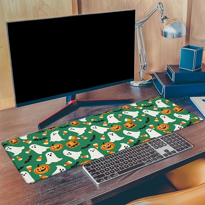 Ghost Pumpkin Gaming Mouse Pad, Extended Spooky Cute Green Desk Mat Computer Laptop Mousepad, Robust Stitched Edges, 31.5"×11.8" Large Office Keyboard Halloween Mouse Pads for Desktop Decor