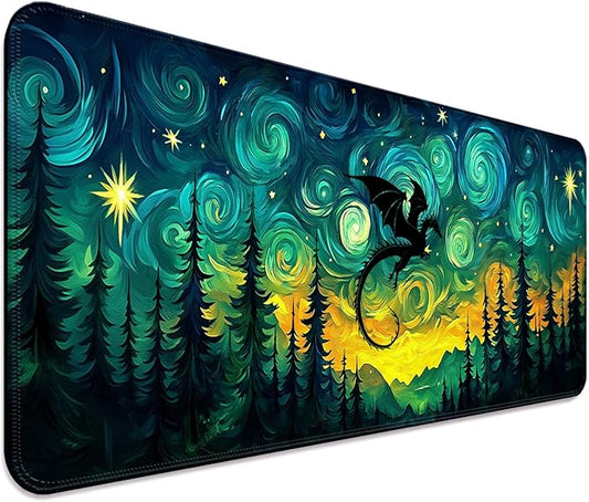 Fantasy Starry Night Forest and Dragon Gaming Desk Mat, Computer Keyboard Large Extended Long Mouse Pad for Office and Home, XL (W05)