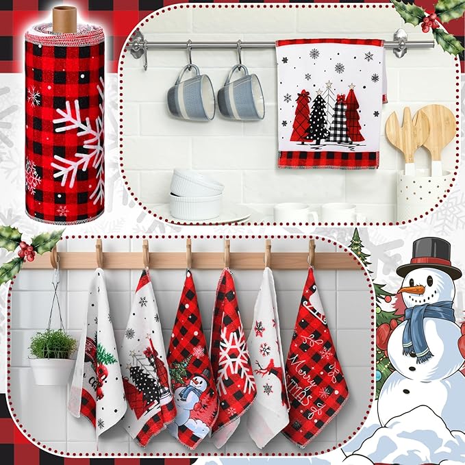 36 Pcs Christmas Reusable Paper Towels Rolls Washable Bulk Christmas Snowman Snowflake Red Plaid Kitchen Towels Paperless Reusable Cloth Cotton Napkins with Cardboard for Kitchen Bathroom