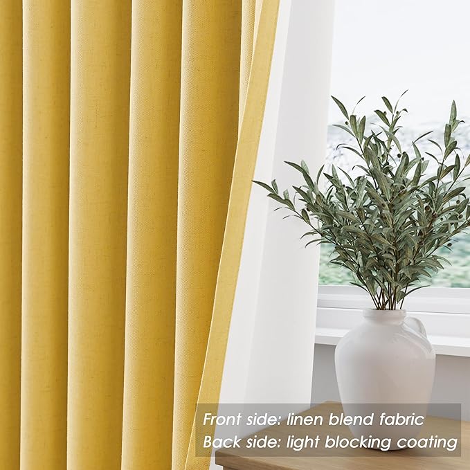 Full Black Out Gold Yellow Window Curtains 96 Inches Long Back Tab Rod Pocket Heat Reducing Noise Cancelling Total Sun Blocking 2 Panels Set for Sliding Door Boho Farmhouse Curtains Drapes 52x96
