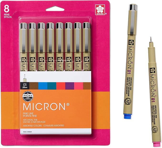 SAKURA Pigma Micron Fineliner Pens - Archival Black and Colored Ink Pens - Pens for Writing, Drawing, or Journaling - Black and Colored Ink - 01 Point Size - 8 Pack