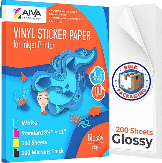 Printable Vinyl Sticker Paper - Waterproof Decal Paper for Inkjet Printer - 200 Self-Adhesive Sheets - Glossy White - Standard Letter Size 8.5"x11"