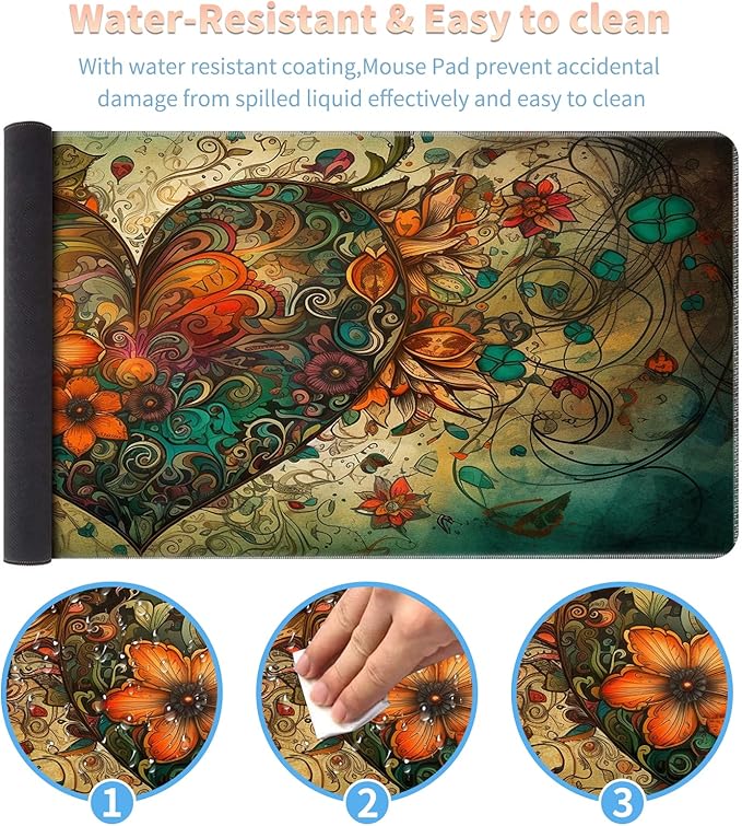 Extended Gaming Mouse Pad with Stitched Edges, Long XL Mousepad Desk Pad Keyboard Mat Water-Resistant for Work/Gaming/Office/Home, Koi Fish Heart-Shaped Flowers + Coasters and Stickers