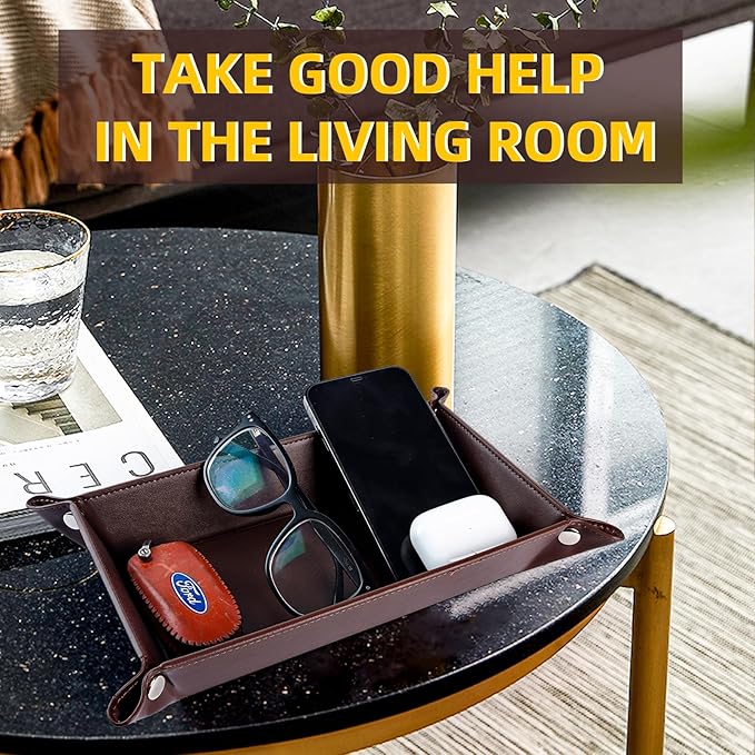 Leather Valet Tray for Men and Women - Jewelry Tray Nightstand Organizer - Bedside Vanity Tray - Dresser Catchall Tray - Desk Organizer and Storage for Keys, Phone, Wallet (Rectangular)