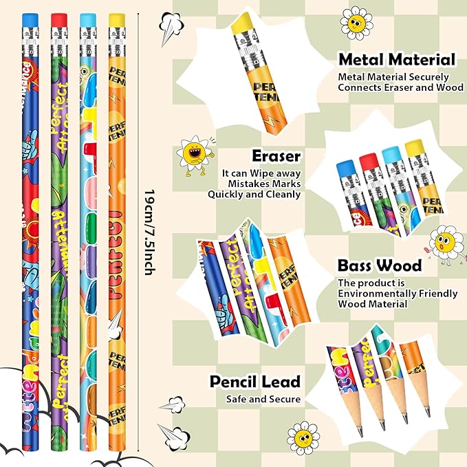 Handepo 72 Pcs Attendance Pencils with Eraser Bulk Assorted Wooden Pencils Student Carnival Prize Educational and Learning Activities Office Supply, 4 Style