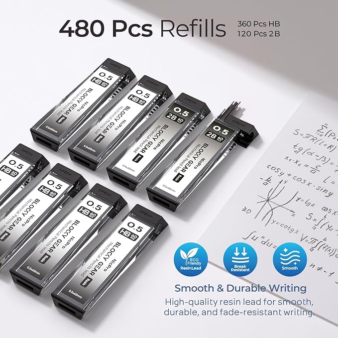 Nicpro 3 Pack Blocky Gear 0.5 mm Metal Mechanical Pencils Set with Case, Lead Drafting Pencil with 8 Tube (480PCS) Lead Refills(HB 2B), 4 Erasers, 18 Eraser Refills for Art Writing, Sketching Drawing